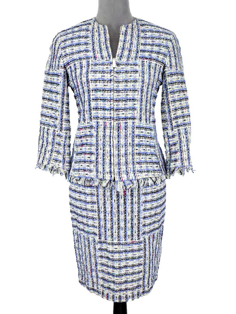 Dana Buchman Skirt Suit Petites 2P Blue White Tweed Lined Full Zip Career Vtg